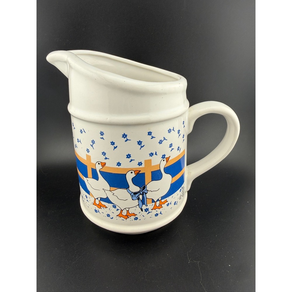 Vintage Country Geese Ceramic Pitcher White Stoneware Farmhouse Decor 4.5 Inch